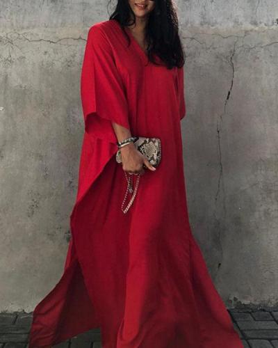 Red 3/4 Sleeve V Neck Plain Color Cover-up Dresses