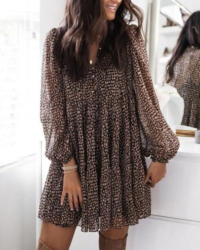 V Neck Puff Sleeve Leopard Swing Dress