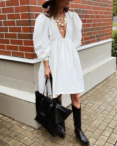 Deep V Neck Balloon Sleeves Solid Cotton Dress
