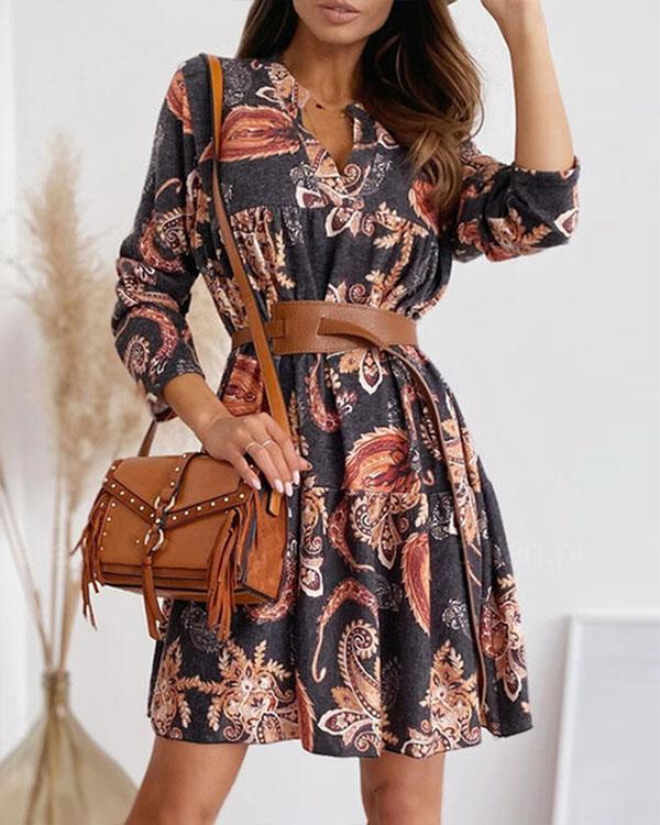 Bohemian Long Sleeves Print Mini Dresses