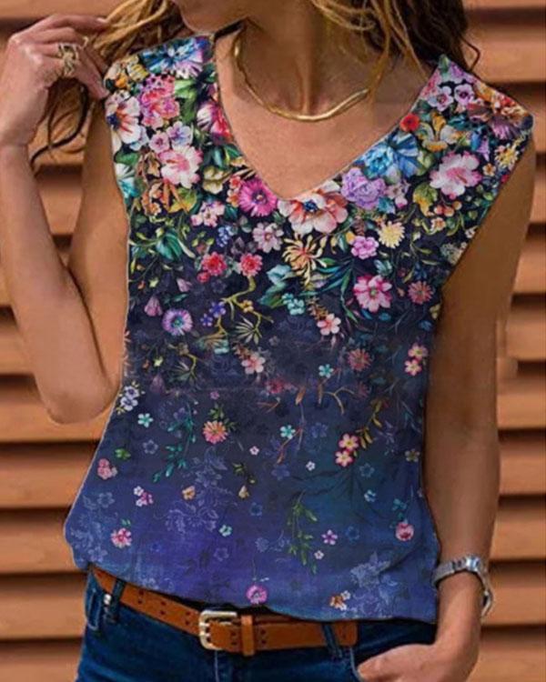 Women Cotton Floral Printed V Neck Tank Top