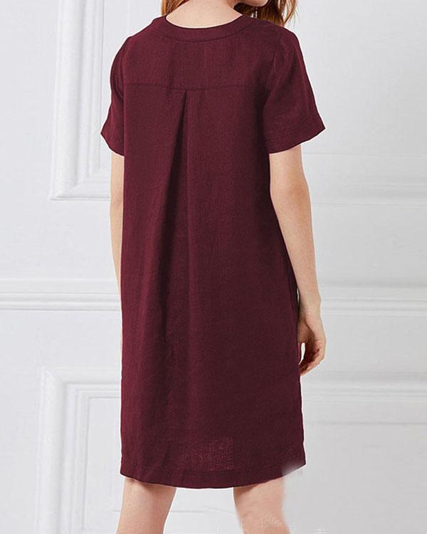 Short Sleeve Button Linen Dresses