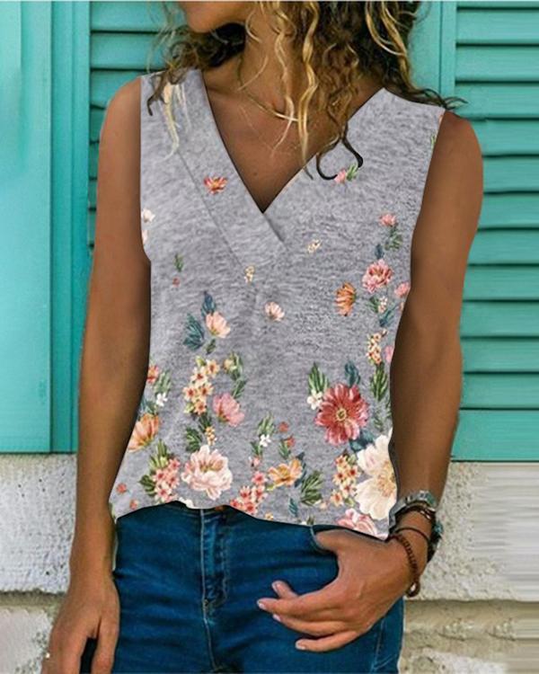 Women V-Neck Sleeveless Print Casual Tops