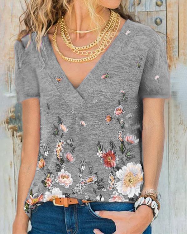 Women Crew-Neck Short Sleeve Floral Print Blouses