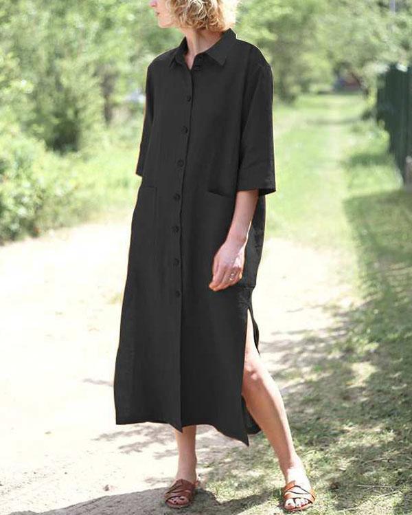 Vintage Style Lapel Collar Button Up Pocket Midi Length Shirt Dress