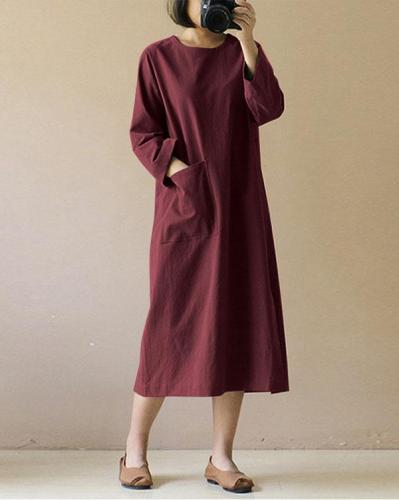 Women Long Sleeve Solid Loose Plus Size Casual Linen Dresses