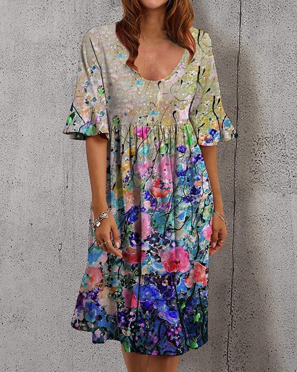 Women Holiday U Neck Colorful Floral Ruffle Dress