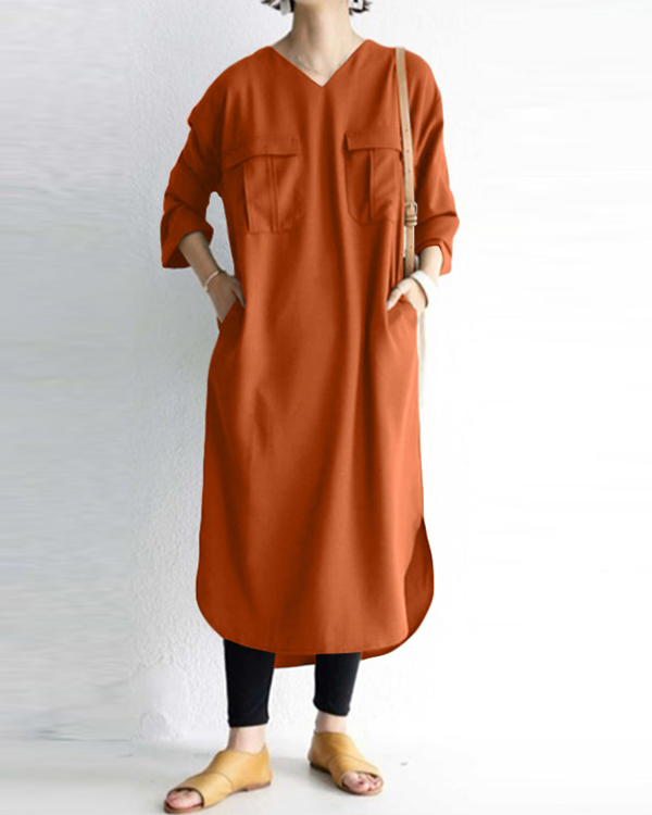 Women V-neck Solid Color Loose Plus Size Casual Dresses