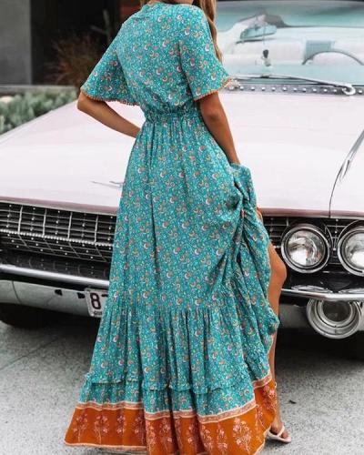 Bohemian Short Sleeves Holiday Lace-up Waist Maxi Dresses