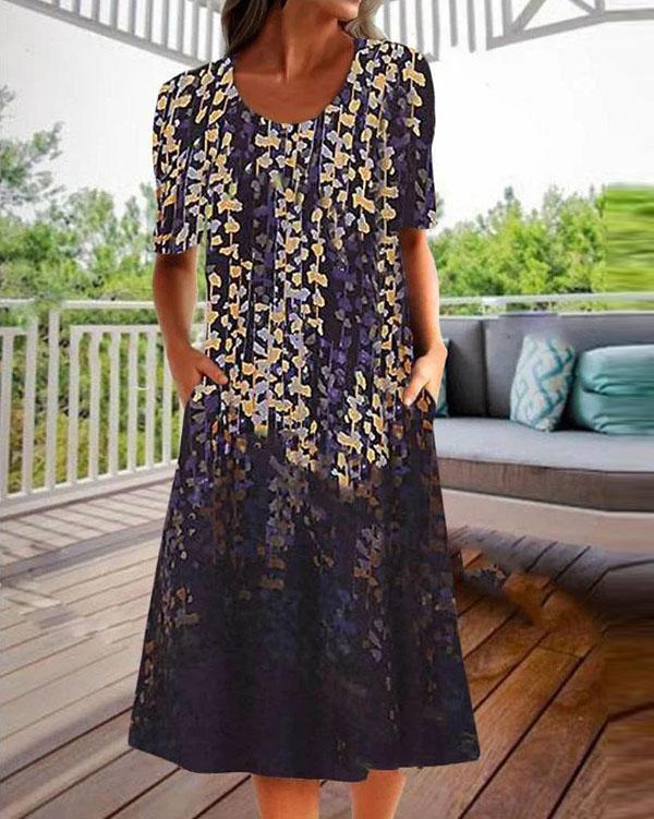 Round Neck Floral Printed Midi Dress With Pockets