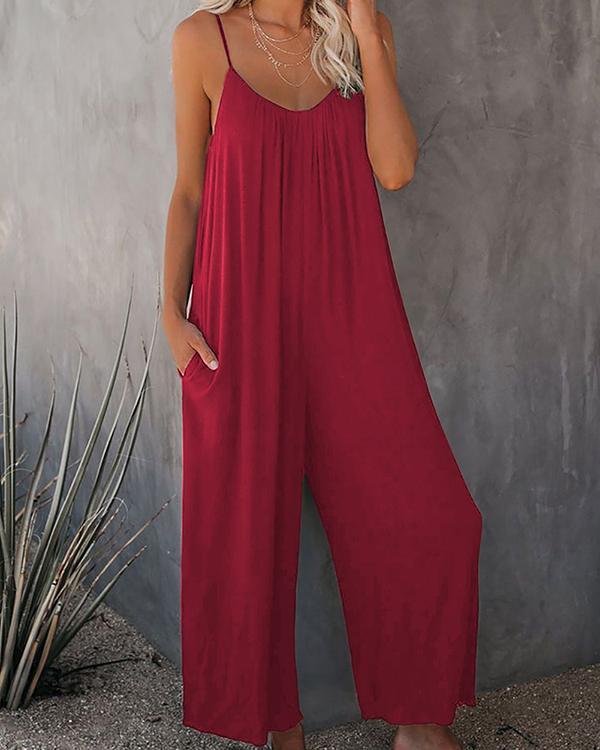 Women's Spaghetti Straps Wide Leg Pocket Jumpsuits