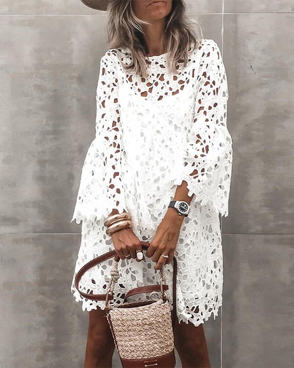 US$ 37.99 - Women's Sheath Dress Long Sleeve Solid Color Lace Hollow ...