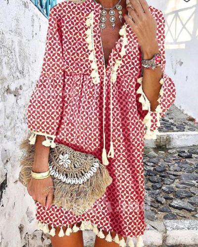 Women Printed Casual Tassel  V Neck Dresses