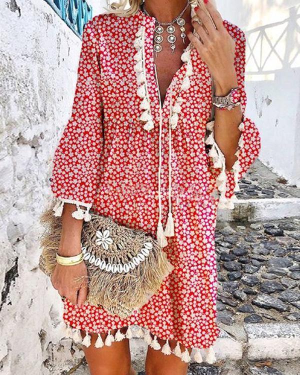 Floral Printed Casual Tassel  V Neck Dresses