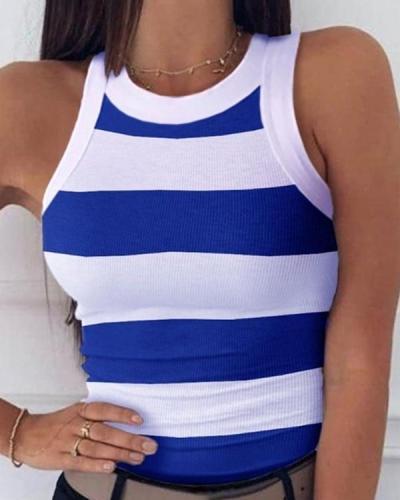 Chic Girls Color Block Striped Sleeveless Round Neck Slim Fit Tank Top