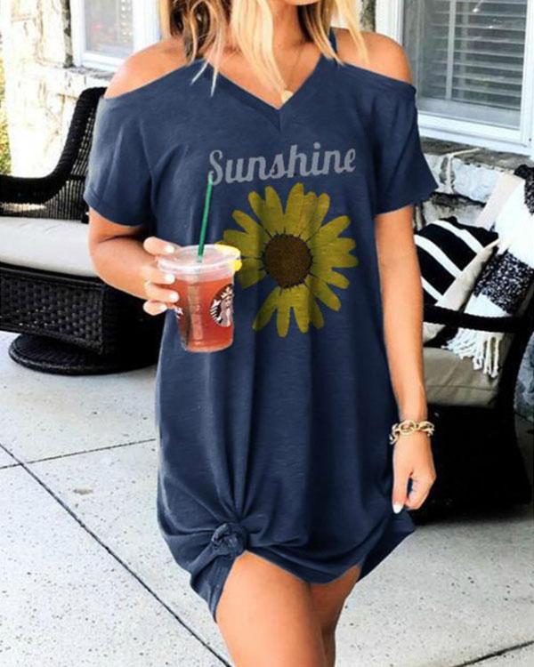 Casual Print Cold Shoulder Loose Fit Mini Dress