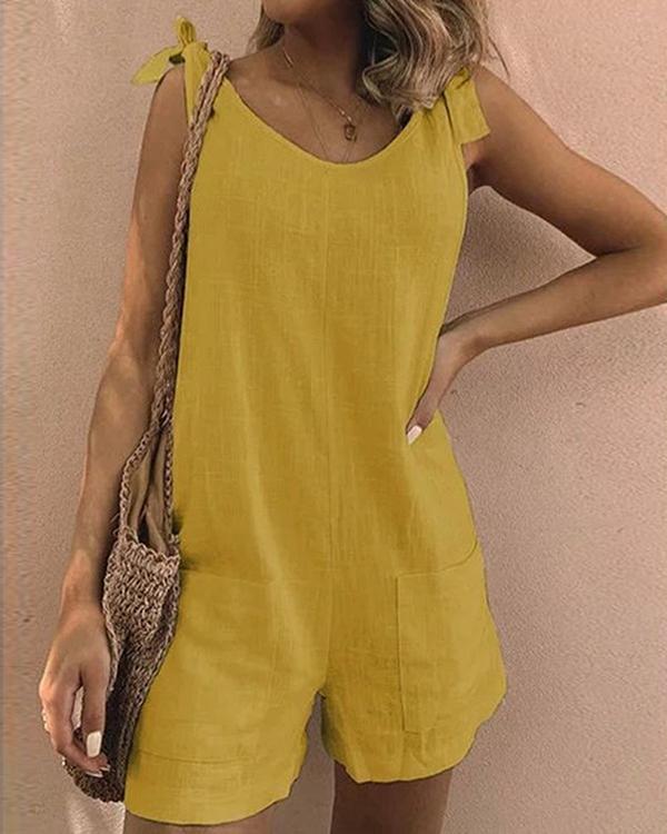 Pockets Sleeveless Casual Linen Rompers