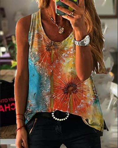 Round Neck Sleeveless Vintage Print Tank Tops