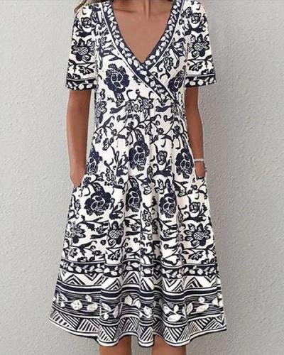 Plus Size Short Sleeve A-line Vintage Multiflora Dresses