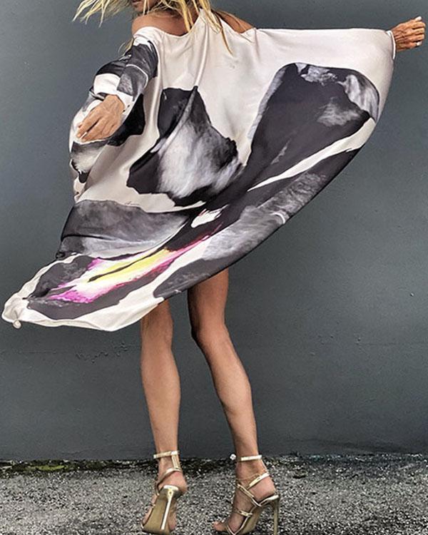 Personalized Print Oblique Shoulder Flowy Beach Dresses Bikini Cover-ups