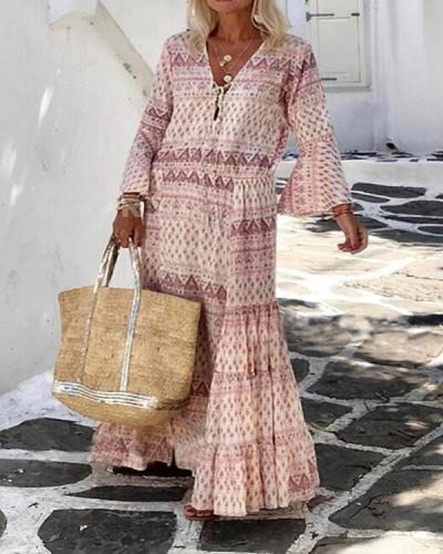 Bohemian Holiday Ruffle Printed Flare Sleeve Lace up Maxi Dress