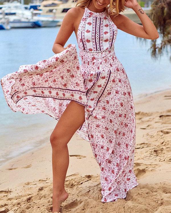 Women Halter Neck Floral Vacation Slit Maxi Dress