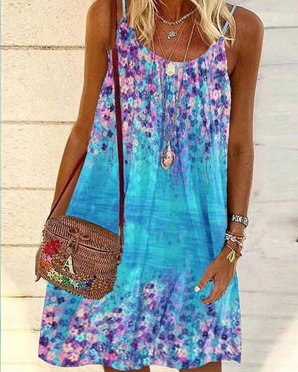 Women Tunic Beachside Spaghetti Strap Multifloral Mini Dresses