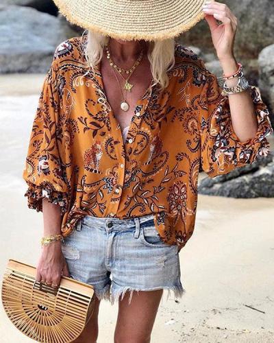 Bohemian Plant Print Casual Collar 3/4 Sleeves Shift Blouses