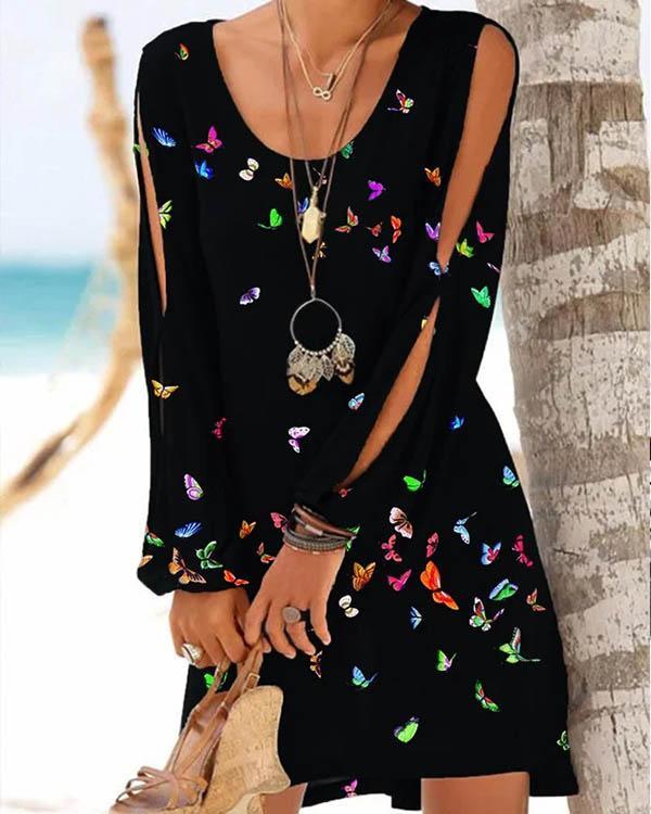 Butterfly Print Cold Shoulder Long Sleeve Casual Vacation Dresses