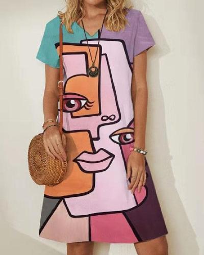 Personalized Short Sleeve Abstract Face Print V-Neck Mini Dress