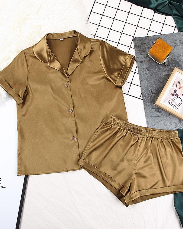 Solid Satin Casual Comfy Shorts Set Loungewear