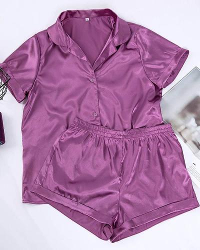 Solid Satin Casual Comfy Shorts Set Loungewear