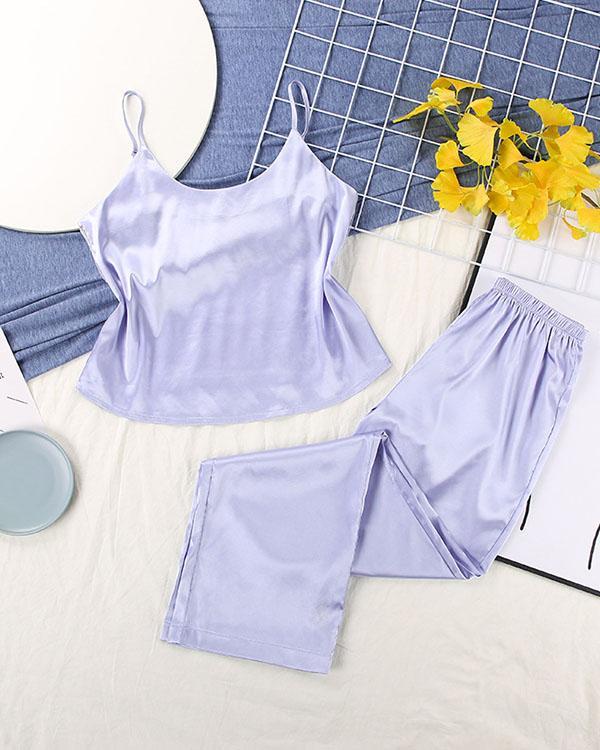 Solid Satin Lace Back 2-piece Sets Sexy Sleepwear