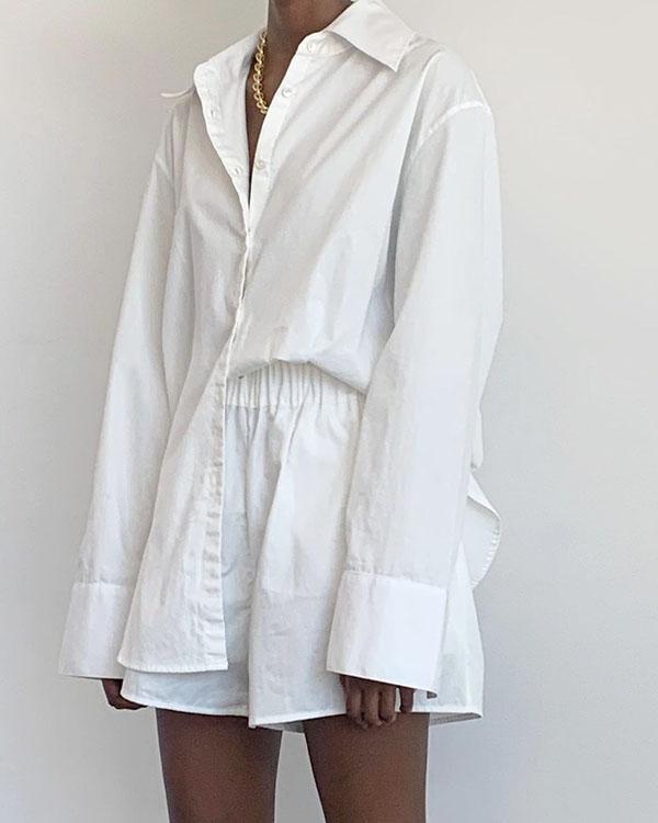 Solid Cotton Casual Comfy Shirt&Shorts Set