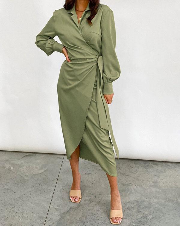 Women's Long Sleeve Wrap Lace up Midi Dress