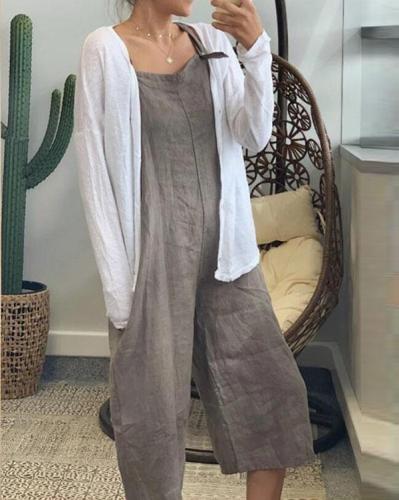 Plus Size Linen Solid Women Jumpsuits With Pockets