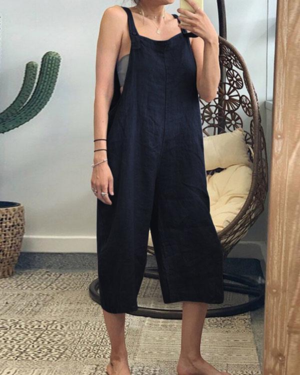 Plus Size Linen Solid Women Jumpsuits With Pockets