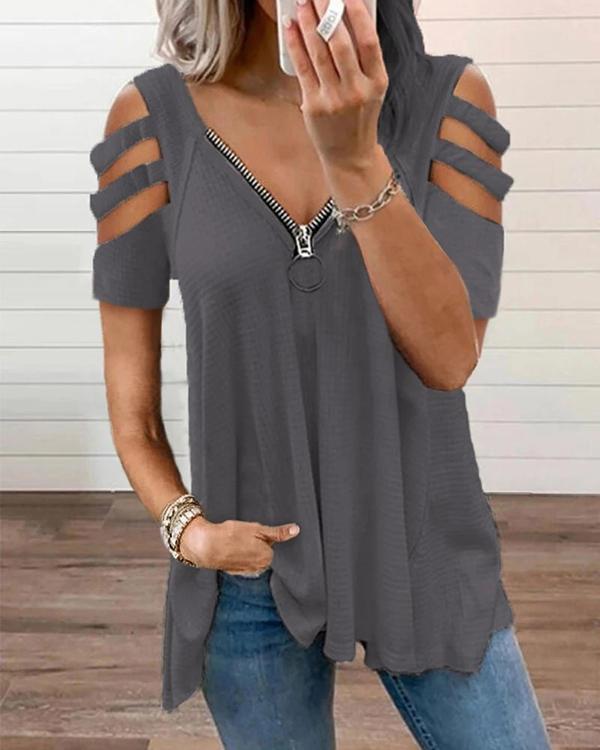 Women's Solid Color V-neck Hollow Sleeve Zipper Short-sleeved Tops