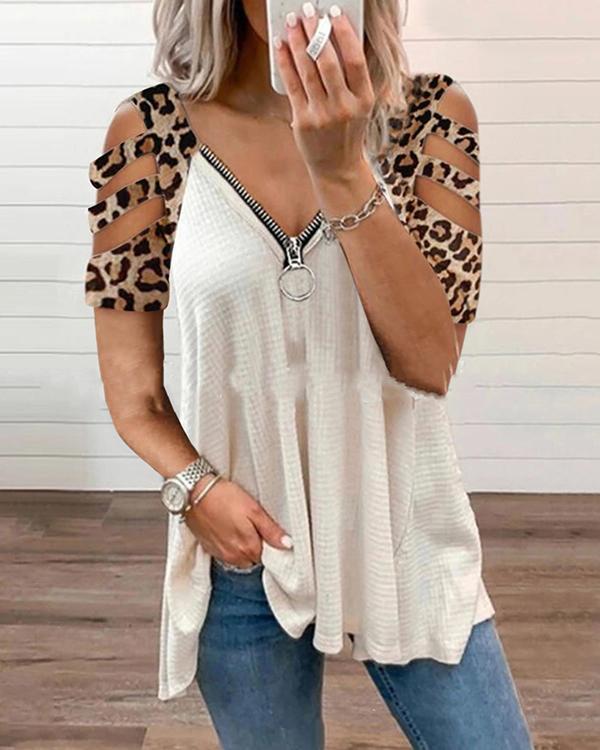 Women's Leopard V-neck Hollow Sleeve Zipper Short-sleeved Tops