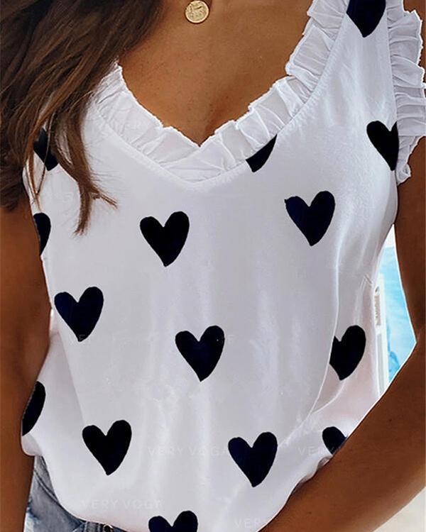 Heart Printed V Neck Sleeveless Cute Tank&Vest