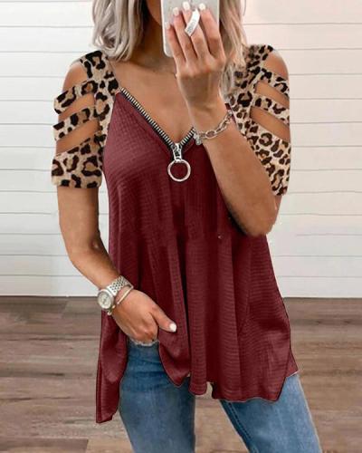 Women's Leopard V-neck Hollow Sleeve Zipper Short-sleeved Tops