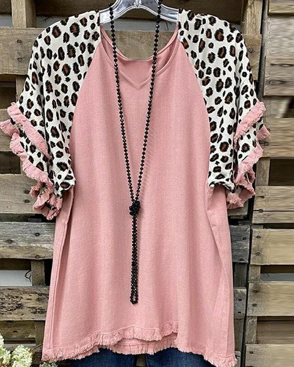 Women's Leopard Tassel Short-sleeved Tops