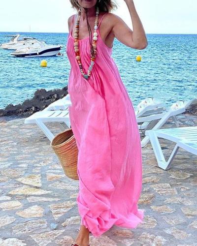 Pink Flowy Sling Big Hem Summer Vacation Dress