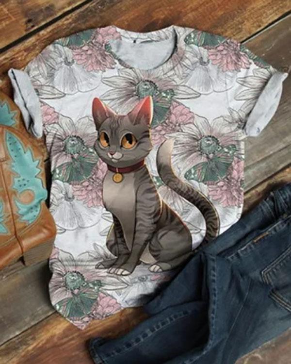 Cute Cat Animal Printed Short Sleeve T-shirt