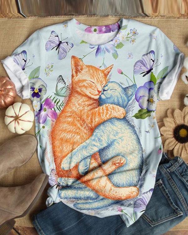 Cute Cat Animal Printed Short Sleeve T-shirt