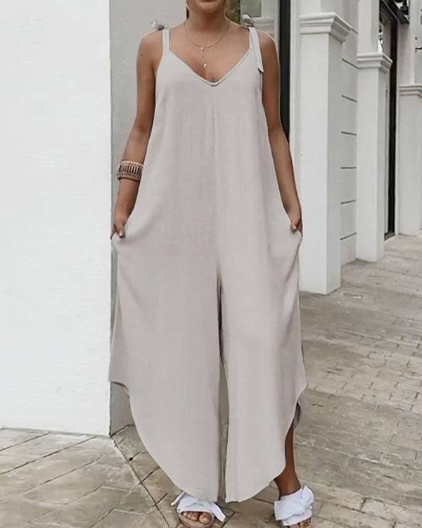 Women Sleeveless Playsuit Wide Leg Asymmetrical Bib Cargo Pants Pockets Tank Jumpsuit