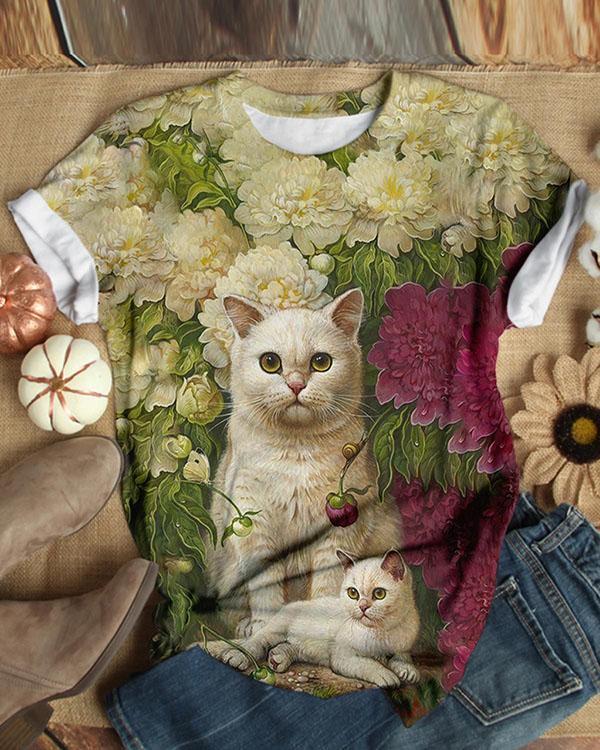 Cute Cat Animal Printed Short Sleeve T-shirt