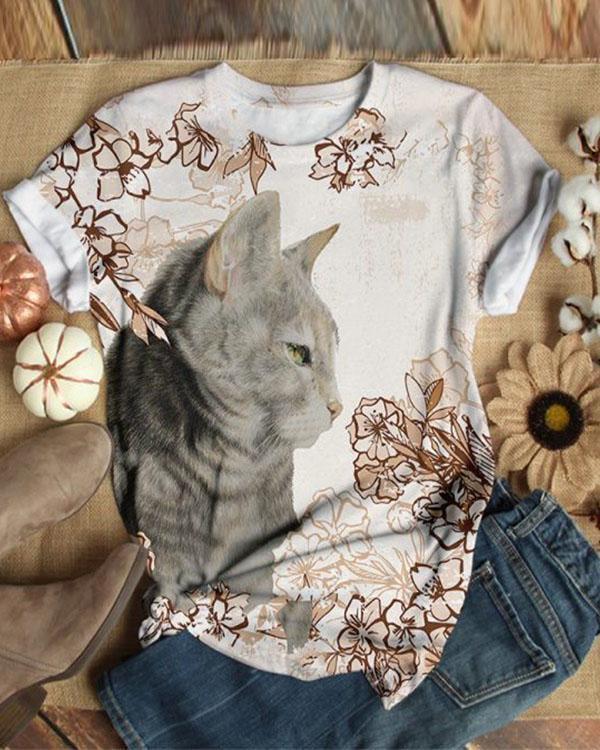 Cute Cat Animal Printed Short Sleeve T-shirt