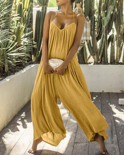 Women Sleeveless Wide Leg Solid Color Jumpsuit