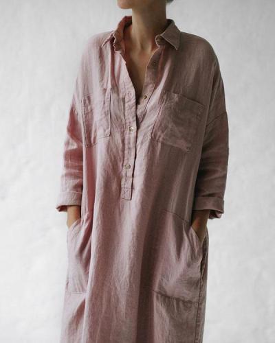 Casual Pink Solid Linen Pullover Shirt Dresses with Pockets